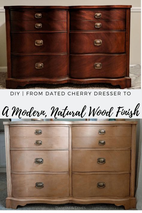 Cherry Dresser Makeover to Natural Wood Finish Sanding A Dresser, Whitewashing Cherry Furniture, Cherry Wood Makeover, Lighten Cherry Wood Furniture, Natural Finish Furniture, Limewash Dresser, Stains On Cherry Wood, Different Stains On Cherry Wood, Bleached Cherry Wood Furniture