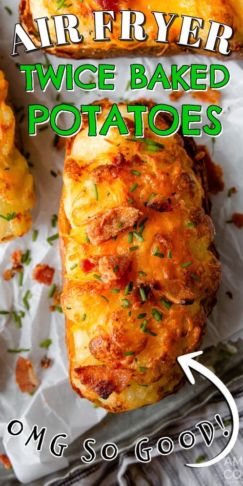 Air Fryer Twice Baked Potato Recipes, Air Fried Cheesy Potatoes, Air Fried Twice Baked Potatoes, Air Fried Baked Potatoes Recipe, Twice Baked Golden Potatoes, Air Fryer Stuffed Potatoes, Galanz Air Fryer Microwave Recipes, Potatoe Air Fryer Recipe, Twice Baked Potatoes Air Fryer