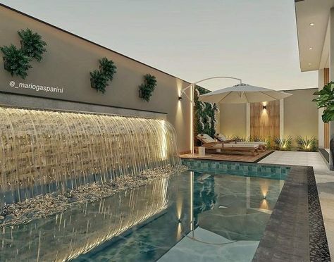 Backyard Pool With Waterfall, Pool With Fountain Wall, Pool Feature Wall, Light Pool, Water Wall Fountain, Coffee Tables Living Room, Compound Wall Design, Living Room Organic Modern, Pool Terrace