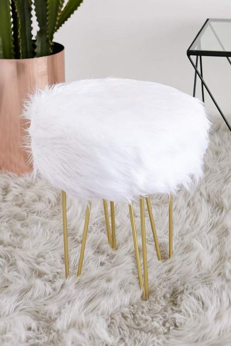 Forever 21 Faux Fur Stool Makeup Place, Fluffy Chair, Fur Stool, Faux Fur Stool, Gold Room, Girly Room Decor, Sitting Room Chairs, Blue Dining Room Chairs, Blue Velvet Dining Chairs