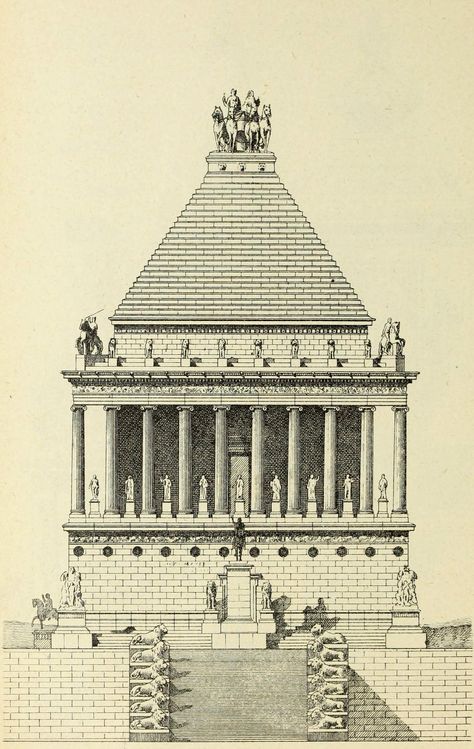 Hypothetical reconstruction of the Mausoleum of Halicarnassus Mausoleum At Halicarnassus, Architecture Antique, Bangunan Minecraft, 7 Wonders, Ancient Greek Architecture, Roman Architecture, Architectural Sketch, Architectural Prints, Classic Architecture