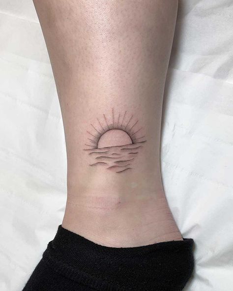 Sunrise tattoo by Conz Thomas inked on the left ankle Ocean Sunset Tattoo Black And White, Grounding Tattoo, Sunrise And Sunset Tattoo, Sunrise Tattoo Simple, Sun Rise Tattoo, Sunrise Tattoos, Sunrise Tattoo, Sunset Tattoo, See Tattoo