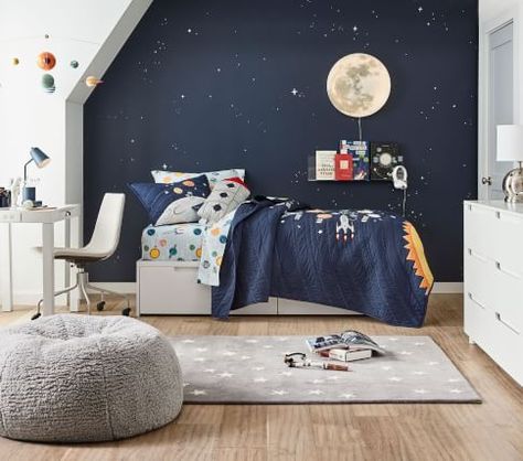 Pottery Barn Kids Bedrooms, Boys Space Room, Boys Space Bedroom, Outer Space Room, Village Wreath, Modern Kids Beds, Outer Space Bedroom, Space Kids Room, Kids Bedroom Boys