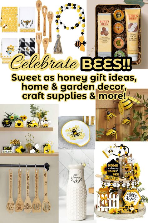 Sweet as honey are these home and garden decor, gift ideas, craft supplies, and more! Bee themed items are bright, sunny, and are sure to freshen up your home, garden, or be a wonderful gift for those you love. Celebrate bees with this list of gift ideas, home & garden decor, & crafting supplies. Bee wreath, bee decor, home decor, bee crafts, honey bee spoons, honey bee decorations, decor crafts, diy projects, bee themed birthday, bee gifts. Honey Bee Home Decor, Bee Kitchen Decor Ideas, Honey Bee Decorations, Gift Ideas Craft, Bee Themed Birthday, Bee Decorations, Sweet As Honey, Honey Bee Decor, Kitchen Makeovers