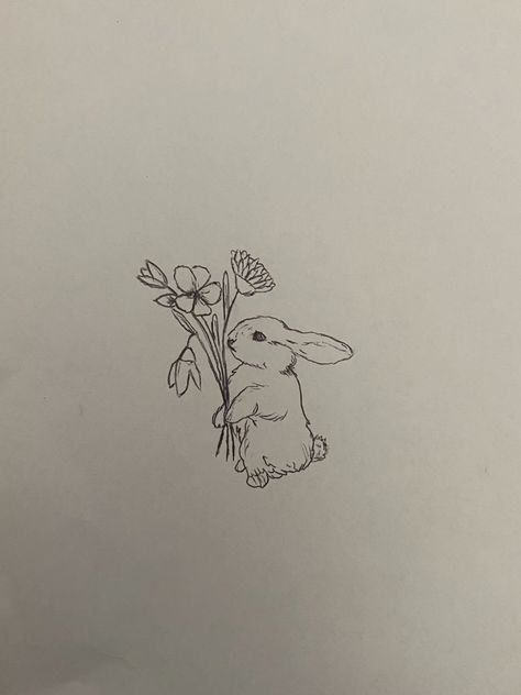 Minimalist Bunny Tattoo, Holding Flowers Tattoo, Bunny Holding Flowers, 2024 Tattoo, Simple Tattoo Designs, Flowers Tattoo, Holding Flowers, Disney Tattoos, Back Tattoos