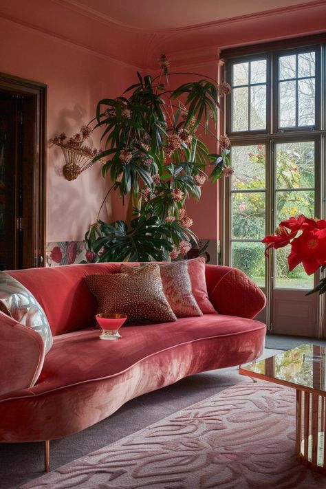 Embracing Pink in Masculine Spaces: A Bold Statement of Equality and Elegance — Living Bright Interiors Monochromatic Pink Room, Pink Couch Living Room, Pink House Interior, Bold Living Room, Romantic Interior, Pink Rooms, Masculine Interior, Plant Goals, Candy House