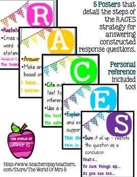 RACES writing strategy for constructed response questions Race Posters For Writing, Races Poster For Writing, Race Anchor Chart 3rd Grade, Race Writing Strategy Anchor Charts, Race Strategy Anchor Chart, Races Strategy, Race Writing Strategy, Races Writing Strategy, Race Strategy