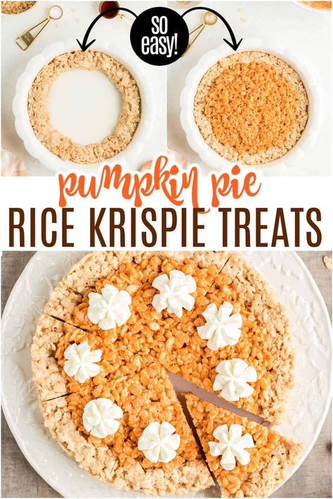 These fun Pumpkin Pie Rice Krispie Treats are perfect for fall and the holiday season! They are thick and chewy, with the just-right balance of cereal and marshmallows, plus a few tips and tricks to make them extra delicious! Rice Krispie Pumpkin Pie, Rice Krispie Pie, Pumpkin Pie Rice Krispie Treats, Rice Crispy Pumpkins, Desert Hacks, Halloween Rice Crispy Treats, Dayhome Ideas, Pumpkin Rice Krispies, Rice Crispie