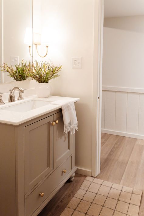 Bathroom Mushroom Colour, Benjamin Moore Vanity Paint Colors, Neutral Tone Paint Colors, Putty Bathroom Cabinets, Studio Mcgee Bathroom Paint Colors, Mushroom Bathroom Vanity, Creamy Benjamin Moore Paint, Tan Bathroom Vanity Paint Colors, Best Creamy Paint Colors