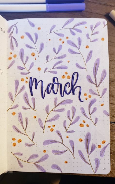 march 2019 cover. work bullet journal. purple theme! inspired by Simone O. #bulletjournal #bujo Purple Bujo Ideas, Journal Ideas Purple Theme, March Bujo Cover Page, Bujo Purple Theme, Journal Purple Theme, Journal Ideas Purple, Purple Bullet Journal Theme, Bujo March Cover, March Journal Cover