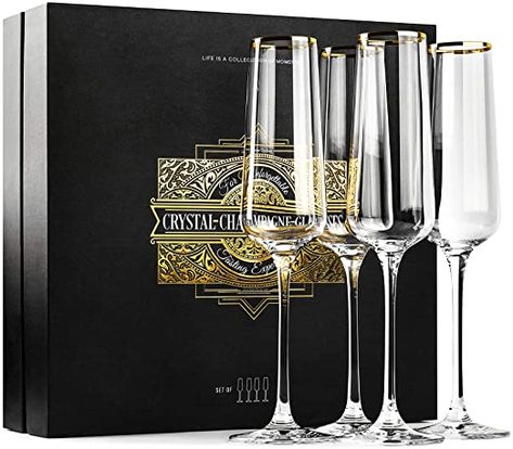 Amazon.com | Gold Rimmed Champagne Toasting Glasses | Set of 4 | Crystal Square Gift Flutes for Sparkling Wine, Prosecco, Mimosas | Contemporary Long Stemmed Glassware for Wedding, Anniversary, Birthday Toast: Champagne Glasses Stemmed Glassware, Birthday Toast, Crystal Glass Set, Crystal Champagne Glasses, Champagne Gift, Crystal Champagne Flutes, Toasting Glasses, Champagne Flute Set, Crystal Champagne