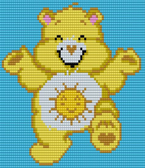 Funshine Bear from the Care Bears - Square Grid Pattern - 74 Columns X 67 Rows - (Pattern by me, Man in the Book) Care Bears Cross Stitch, Care Bear Pixel Art, Square Grid Pattern, C2c Crochet Pattern Free, The Care Bears, Funshine Bear, Grid Patterns, Beaded Banners, Square Grid