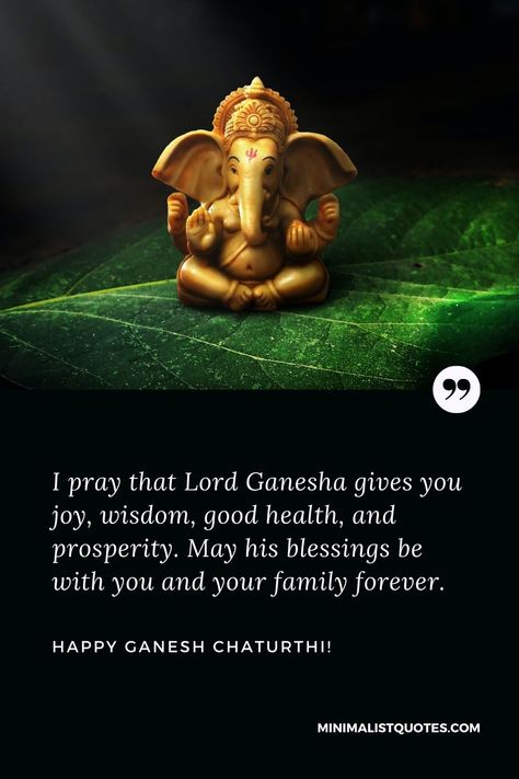 I pray that Lord Ganesha gives you joy, wisdom, good health, and prosperity. May his blessings be with you and your family forever. Happy Ganesh Chaturthi! Ganesh Wishes In English, Ganesh Chaturthi Blessings, Ganesha Chaturthi Quotes, Lord Ganesha Wishes, Ganesh Quotes English, Ganesha Quotes Wisdom, Ganesh Chaturthi Quotes In English, Happy Gowri Ganesha Wishes, Ganesha Quotes Thoughts