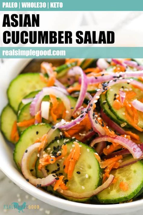 A simple and flavorful summer salad, this Asian cucumber salad is THE easy side dish for your next BBQ! A healthy Paleo, Whole30 + Keto cucumber salad recipe with a light and easy sauce. No mayo, fresh and low-carb! | realsimplegood.com #Asian #fresh #healthy #easy #keto Keto Cucumber Salad, Keto Cucumber, Healthy Cucumber Salad, Grilled Pineapple Chicken, Keto Chicken Salad, Asian Cucumber Salad, Cucumber Salad Recipe, Whole30 Keto, Creamy Cucumber Salad