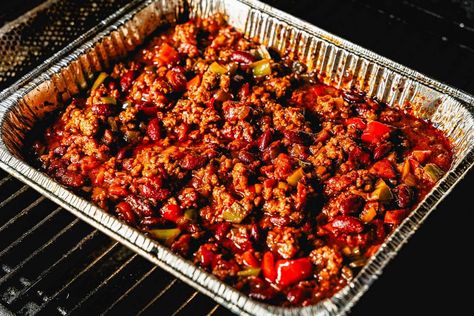 Over the Top Chili Recipe Chili On The Smoker, Smoked Ground Beef, Over The Top Chili, Smoked Chili Recipe, Top Chili Recipes, Smoked Chilli, Beef Paprika, Pulled Pork Chili, Beef Barbecue