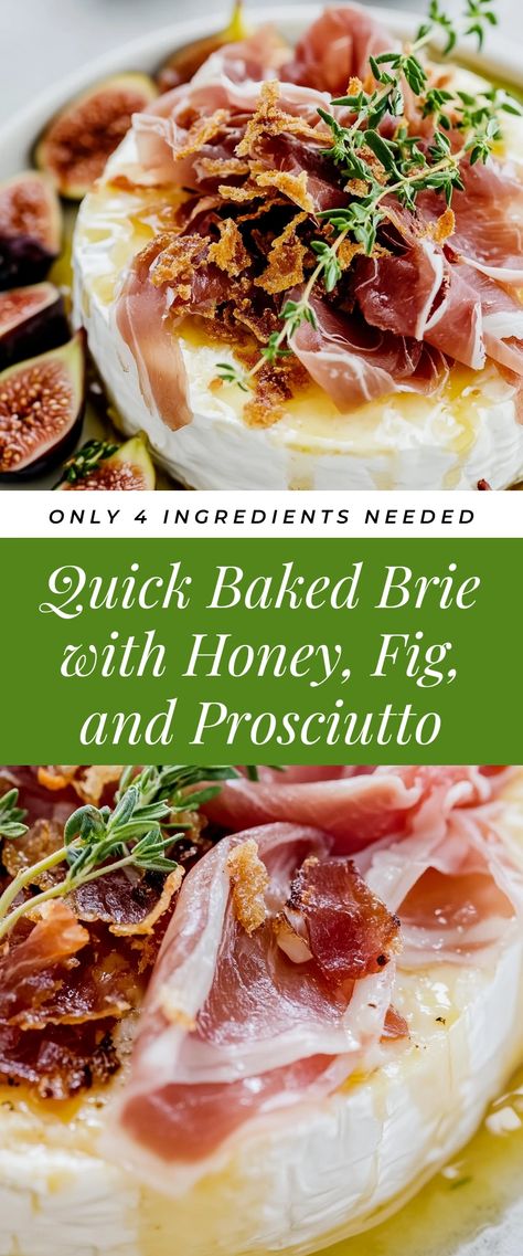 Image for Quick Baked Brie with Honey, Fig, and Prosciutto Brie Prosciutto Appetizer, Baked Brie Cups, Appetizer With Prosciutto, Baked Brie With Fig Jam And Honey, Fig Brie Appetizer, Brie And Prosciutto Appetizers, Savory Baked Brie, Fig And Brie, Baked Brie With Honey