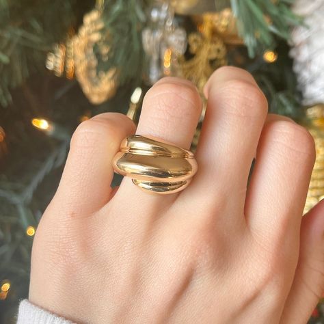 14KT Yellow Gold Polished Ribbed Design Wide Cigar Band Ring | Etsy Large Gold Rings For Women, Staple Earrings, Gold Rings Fashion, Gold Statement Ring, Gold Rings Jewelry, Dome Ring, Rings Fashion, White Gold Bracelet, Rose Gold Pendant