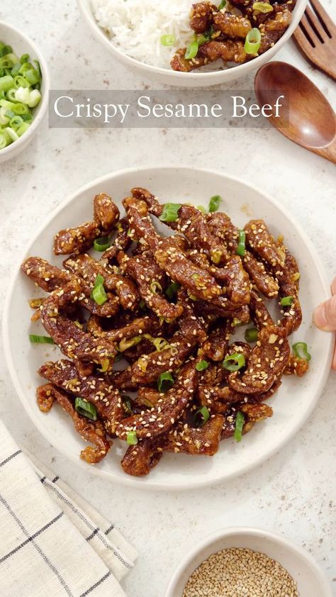 Let’s make easy crispy sesame beef with delicious Chinese honey sesame sauce. Tender beef strips with a crispy coating, smothered in sweet, sticky, nutty sesame aroma sauce. Honey Sesame Sauce, Sweet And Sour Beef, Gym Kitchen, Sesame Beef, Crispy Beef, Beef Steak Recipes, Honey Sesame, Beef Strips, Chinese Cooking Recipes