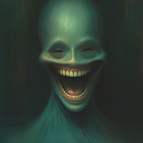 Creepy yet beautiful alien or humanoid creature with green skin with red eyes, scary, exaggerated expression, evil smile, psycho, psychotic, sociopath, psychopath The Ring Fanart Horror, Nightmare Fuel Art, Demon Smile, Monster Portrait, Mouth Monster, Silent Hill Art, Daniel Diaz, Creepy Smile, Lovecraftian Horror