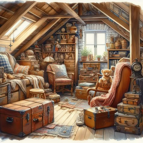 Cozy Attic Spaces, Grandmas Attic, Cozy Cottage Interiors, Loft Designs, Cozy Attic, Casual Art, Cosy Room, Attic Spaces, Cottage Interiors