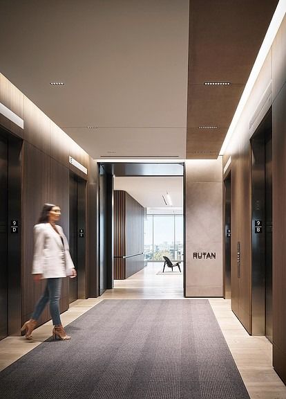 Rutan & Tucker | Projects | Gensler Lobby Ceiling Design, Office Lobby Interior, Lift Lobby Design, Elevator Lobby Design, Legal Office, Lobby Designs, Elevator Lobby, Hotel Corridor, Build Design