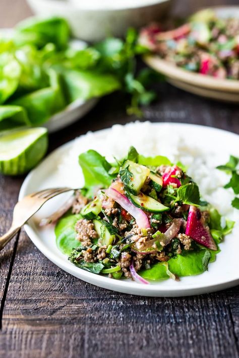 A flavorful recipe for Larb, a fresh Thai salad made with your choice of lamb, beef, pork, chicken or tofu. Low carb, fast and easy! #larb #thaifood #thaisalad Beef Larb, Thai Laab Recipe, Thai Larb Salad, Thai Chicken Larb, Larb Recipe Thai Pork, Laab Recipe, Thai Larb, Larb Salad, Vegan Bean Chili