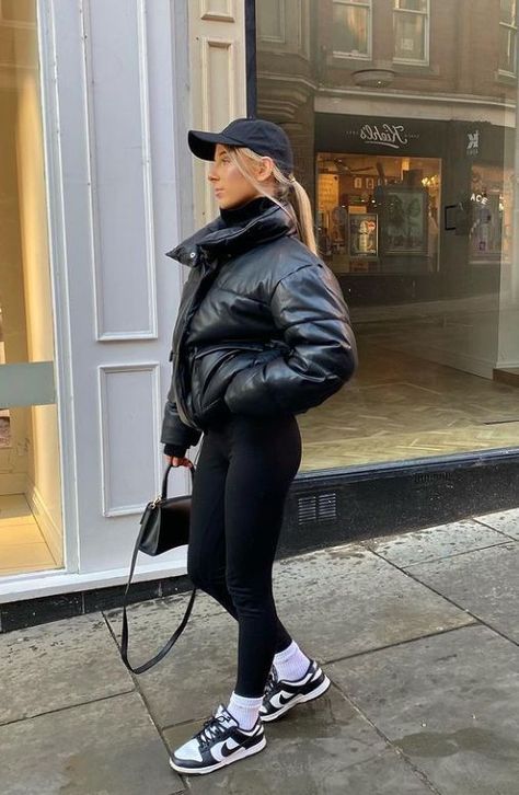 Tights And Puffer Jacket Outfit, Puffy Leather Jacket Outfit, Black Puffer Jacket Outfit Women, Brown Leather Puffer Jacket Outfit, Trendy Hooded Puffer Jacket, Black Leather Puffer Jacket Outfit, Cropped Puffer Outfit, Black Cropped Puffer Jacket Outfit, Puffed Jacket Outfit