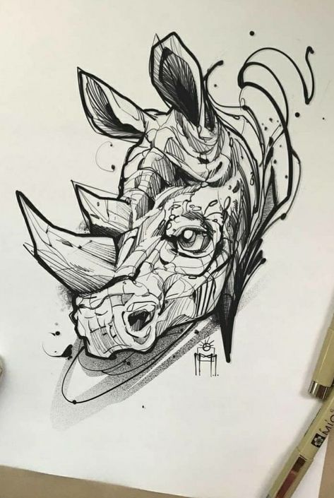 Rhino Tattoo, Rhino Art, Geniale Tattoos, Dark Art Tattoo, Tattoo Art Drawings, Custom Tattoo Design, Ink Illustrations, Blackwork Tattoo, Tattoo Stencils