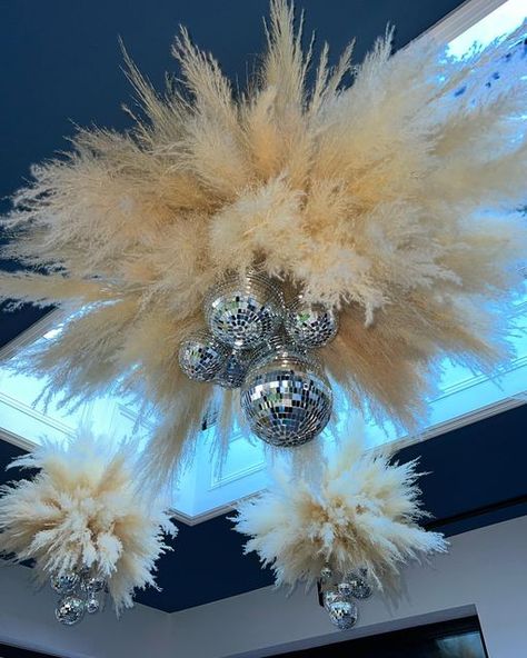 Pampas Disco Ball, Disco Ball Bouquet, Pampas Grass Disco Ball, Disco Balls And Pampas, Pampas And Disco Ball Wedding, Disco Ball Ceiling Decor Wedding, Disco Ball Centerpiece, Disco Table, Disco Ball And Chandelier Wedding