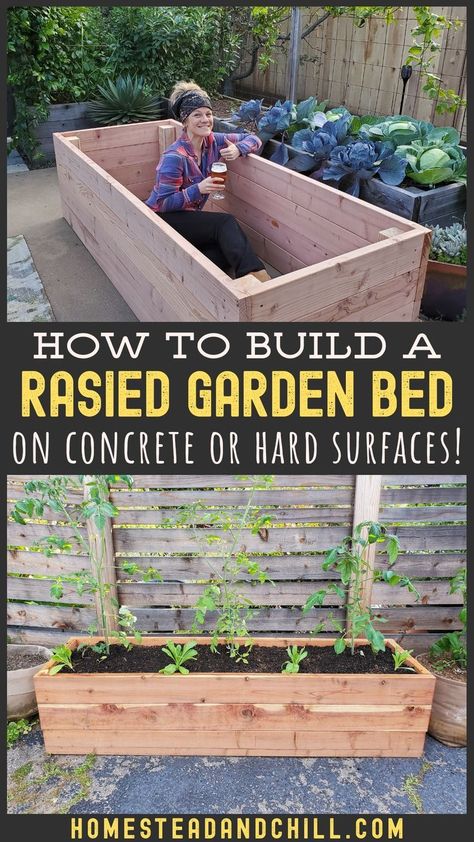 Come learn the best practices for building a raised garden bed on top of concrete or other hard impervious surfaces, including tips on drainage, soil retention, and soil quality. Follow along with modifications we took to install a garden bed in our asphalt driveway, along with other design options - like a mobile bed on casters! Raised Bed On Concrete, Raised Garden Bed On Patio, Driveway Vegetable Garden, Garden On Concrete Patio, Driveway Raised Beds, Mobile Raised Garden Beds, Mobile Vegetable Garden, Garden Beds On Concrete, Garden On Concrete