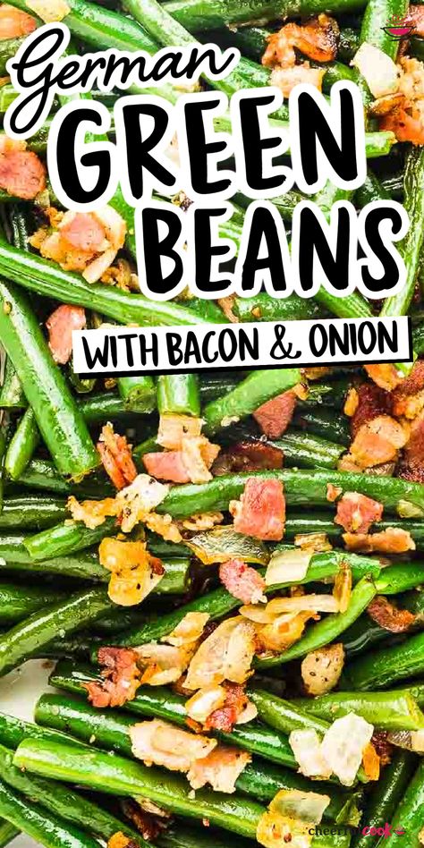 Our Green Beans and bacon side dish is savory, colorful, and requires just 5 simple ingredients! Easy to make and a true family favorite! #cheerfulcook #bacongreenbeans #greenbeans #sauteed #sidedish #recipe #haricotsverts #easy #best #stovetop German Green Beans With Bacon, German Green Beans, Green Bean Side Dish, Green Beans And Bacon, Bean Side Dish, Green Bean Side Dish Recipes, Bacon Side Dishes, Healthy Grains Recipes, Beans And Bacon