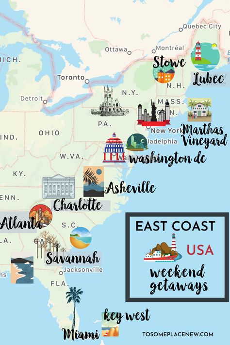 East coast USA vacation ideas East coast map | east coast weekend getaway for couples family or east coast road trips | visit beaches historic places beautiful destinations #beautifulplaces #eastcoast #roadtrip #weekend East Coast Map, Weekend Getaways For Couples, East Coast Usa, East Coast Travel, East Coast Road Trip, Best Weekend Getaways, Us Road Trip, Usa Travel Guide, Vacation Usa