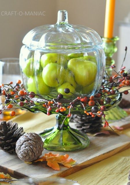 Glass Pumpkin Jar, Fall Pumpkin Centerpieces, Harvest Decor, Thanksgiving Tablescape, Green Apples, Fall Table Settings, Fall Thanksgiving Decor, Fall Yall, Fall Deco