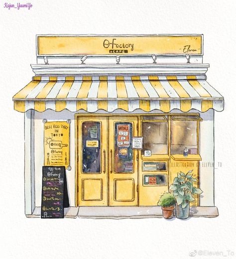 Building Illustration Watercolor, Plant Shop Drawing, Store Illustration Shop, Storefront Sketch, Cafe Shop Drawing, Shopfront Illustration, Watercolor Art Buildings, Building Illustration Sketch, Sketchbook Buildings