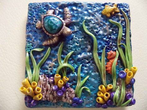 4x4 square polymer clay tile "Ocean Collection"  (white ceramic tile underlay) created by ShooShoo Jewelry Tile Ceramic Ideas Art, Polymer Clay Ocean Scene, Tile Clay Ideas, Clay Ocean Art, Clay Tile Ideas, Fish Clay Art, Ocean Clay Ideas, Clay Tiles Designs, Clay Tile Art