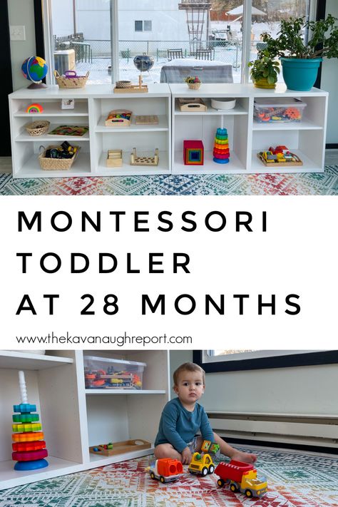 28 Month Old Activities, Montessori Shelves Diy, Montessori Toddler Shelves, Montessori Home Daycare, Montessori 24-36 Months, Montessori 12-18months, Montessori Kitchen Toddler, Montessori Shelf Ideas, Montessori Toddler Classroom