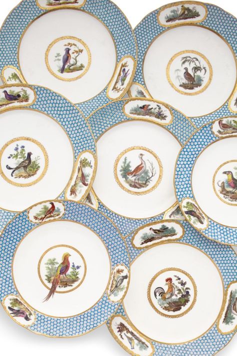 c1782-86 A SEVRES PORCELAIN BLEU CELESTE 'OEIL DE PERDRIX' ORNITHOLOGICAL PART DESSERT SERVICE CIRCA 1782-86, BLUE INTERLACED L'S MARKS, MOST ENCLOSING DATE LETTER EE, HH OR II, VARIOUS PAINTER'S MARKS, MOST WITH GILDER'S MARKS FOR VINCENT PERE, GIRARD, OR LA FRANCE Price realised USD 399,000 Decorated Vases, Sevres Porcelain, China Collection, Green Ground, Bird Plates, Watercolor Fruit, Flower Spray, China Painting, Tableware Collection