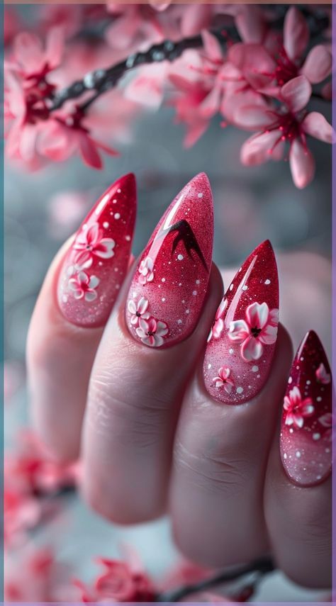 Unique Spring Nails, Flowers Nails, Cherry Blossom Nails, Spring Nail Designs, Cute Spring Nails, Radiant Red, Cute Nail Art Designs, Seasonal Nails, Unique Acrylic Nails