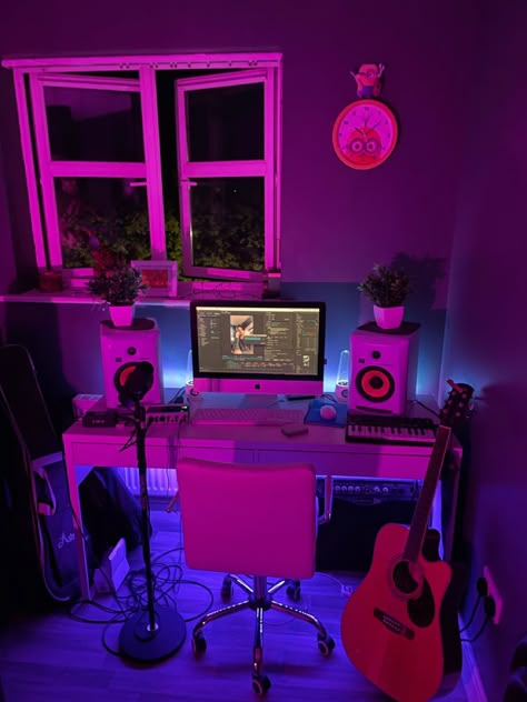 Basement Studio Music, Aesthetic Home Music Studio, Recording Studio In Bedroom, Small Bedroom Studio Music, Music Studio Astetic, Home Studio Setup Music Bedroom, Recording Studio Room Ideas, Small Home Studio Setup Music, Studio Room Ideas Music