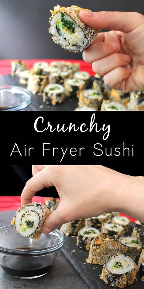 Guys, I am crazy for these delicious Air Fryer Sushi Rolls! They're crunchy, filling, and so, so fun to make! Air Fryer Sushi, Homemade Sushi Rolls, Sushi Rolling, Sushi Recipes Homemade, Parmesan Chips, Sushi Roll Recipes, Dinners Easy, I Am Crazy, Vegan Sushi