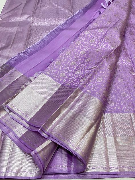 Patti Sarees Latest, Lavender Wedding Saree, Pestal Colour Sarees, Lavender Kanchipuram Saree, Organsa Dress, Lavender Pattu Saree, Lavender Colour Saree, Lavender Color Saree, Lavender Sarees