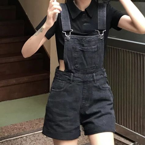 Women's Black Denim Jumpsuit Shorts Summer Playsuit Rompers Vintage Overalls Cargo Pants for Girl Teenage Student Clothes - AliExpress 200000345 Denim Jumpsuit Shorts, Student Clothes, Denim Jumpsuit Outfit, Black Denim Jumpsuit, Jumpsuit Shorts, Denim Short Jumpsuit, 90s Fashion Women, Vintage Overalls, Summer Playsuit