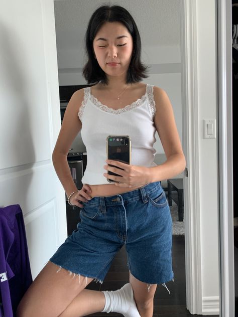 5” denim shorts, jorts, jean shorts, dark blue denim shorts, 7" denim shorts, lace tank, short hair outfit, mirror selfie inspo, outfit pic, fit check, low waisted denim shorts Longer Denim Shorts Outfit, Dark Wash Denim Shorts Outfit, Jean Shorts Outfit 2023, Denim Shorts 2023, Dark Wash Shorts Outfit, Dark Jean Shorts Outfit, Dark Denim Shorts Outfit, Demin Shorts Outfits, Denim Shorts Outfit Aesthetic