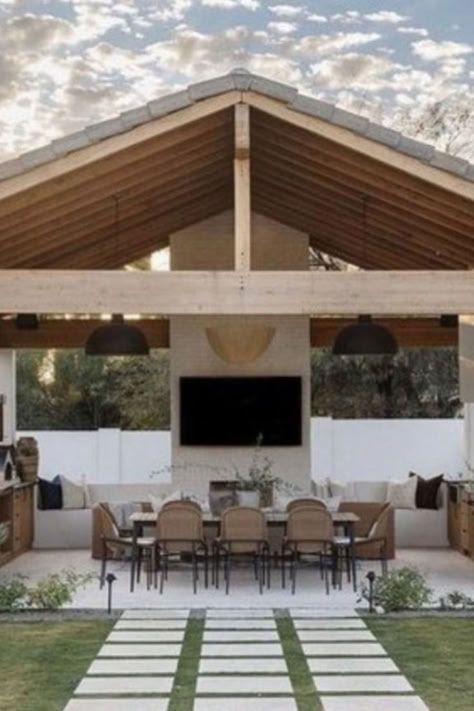 Transform your outdoor patio spaces into inviting retreats with this curated collection. From cozy fire pits to sleek dining areas, discover endless possibilities to elevate your outdoor living experience. Redefine outdoor living with style and comfort. #OutdoorPatio #PatioSpaces #OutdoorLiving #OutdoorDecor #OutdoorDesign #PatioIdeas #OutdoorStyle #OutdoorEntertaining #OutdoorFurniture #PatioInspiration DIY Home Design Home Decor Home Inspo Nails Iphone Background Moody Barnhouse Home Decor Detached Outdoor Living Space, Back Exterior Of House, Palapas Ideas Patios, Patio Overhang Ideas, Pool House Cabana, Farmhouse Backyard, Backyard Goals, Outdoor Living Space Design, Pool Cabana