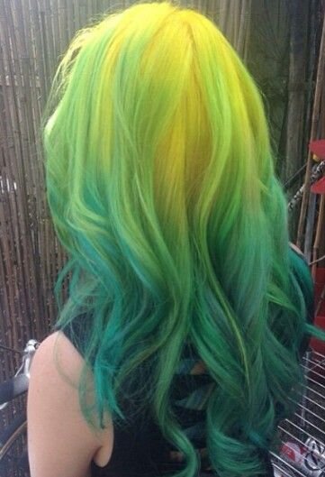 Yellow neon green ombre hair color Yellow To Green Hair, Orange Yellow Green Hair, Green And Yellow Hair, Yellow Green Hair, Green Ombre Hair, Hair Color Yellow, Sapphire Hair, Neon Hair Color, Neon Green Hair