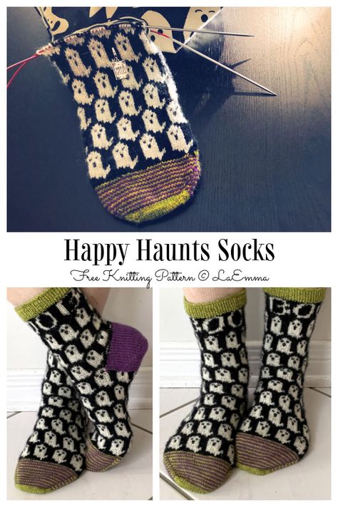 Happy Haunts Socks Free Knitting Pattern - Knitting Pattern Self Patterning Yarn, Diy Knit Socks, Halloween Sock Pattern, Cute Knitted Socks, Cute Knit Socks, Knitting Patterns Halloween, Nerd Knitting Patterns, Color Work Sweater Knitting Patterns, Free Knitting Pattern Socks