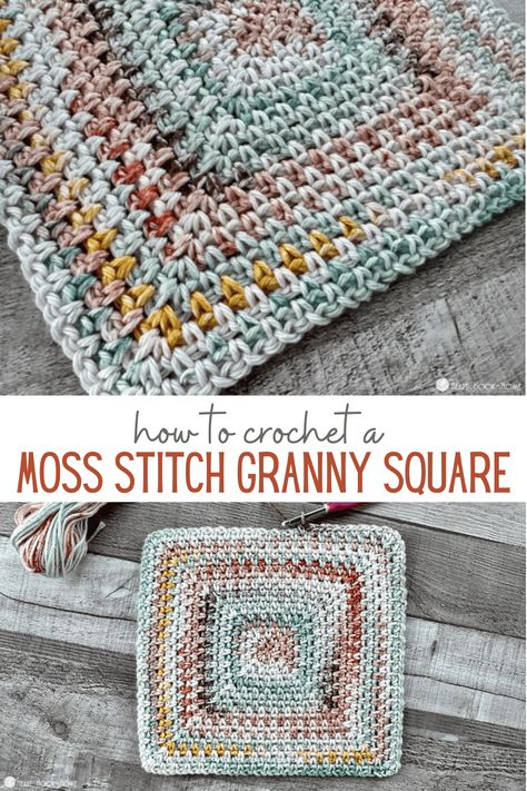 Do you love both the Moss Stitch and Granny Squares? Learn how to make a Miss Stitch Granny Square with this comprehensive tutorial. Granny Square Crocheted Blanket, Granny Square Moss Stitch, Endless Granny Square Crochet Pattern, Moss Stitch Granny Square Crochet, Linen Stitch Crochet Granny Square, Granny Stitch Square, Crochet Blanket With Granny Squares, How To Block Crochet Granny Squares, Granny Square Crochet Pattern Chunky Yarn