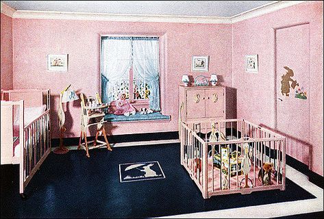 Source: Better Homes & Gardens Image from the Antique Home & Style collection. 50s Nursery, 1940 House, 60s Bedroom, Baby Memorabilia, Nursery Aesthetic, Layette Pattern, Mini Homes, Retro Nursery, Woodland Creatures Baby Shower