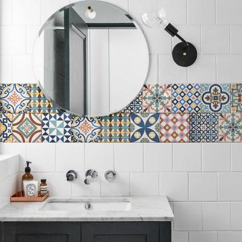 Feel in your bathroom like it was a holiday in Portugal! #tiledecals #tiledesign #walldecor #bathroom #bathroomideas #bathroomdecor #mandalas #talavera #flok #floklore #interiors #interiores Portuguese Tiles Bathroom, Spanish Tiles, Portuguese Tile, Portuguese Tiles, Living Art, Spanish Tile, Tile Decals, Adhesive Tiles, Flat Surface