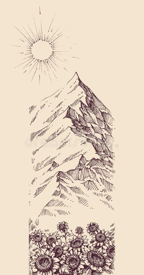 Ink Drawing Mountains, Mountain Botanical Tattoo, Mountain Drawing Landscapes, Ink Mountain Drawing, Mountain Wallpaper Drawing, Ink Illustrations Nature, Mountain Sunflower Tattoo, Nevada Mountains Tattoo, Mountain Scene Coloring Pages